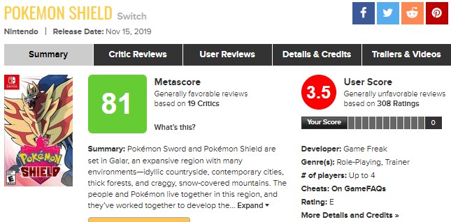 Página de Pokémon Shield no Metacritic